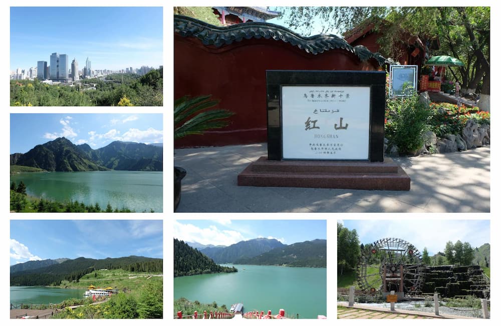 Urumqi city skyline and Tianchi Lake, the main entry point for Xinjiang airports