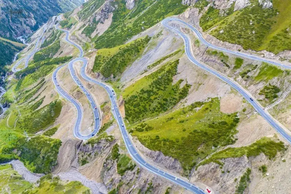 Mountain road switchbacks on the Duku Highway in Xinjiang
