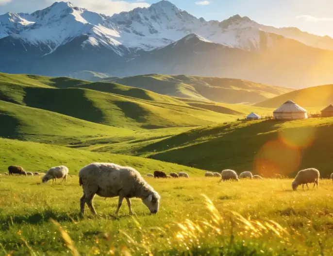 Grassland and sheep at the edge of the Bortala valley, with snow-capped ridges behind