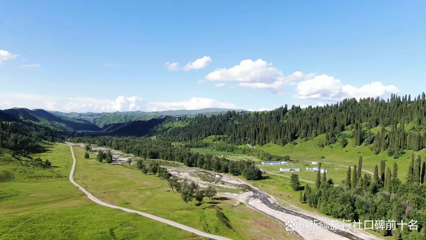 Green river valley with willows and clouds in the northern Tianshan foothills of Xinjiang
