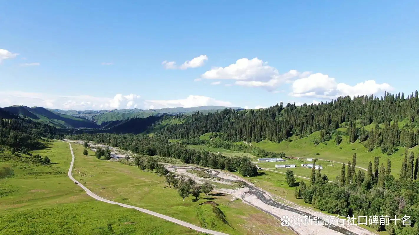 A highway winding through the green hills above the Manas river plain near Shihezi